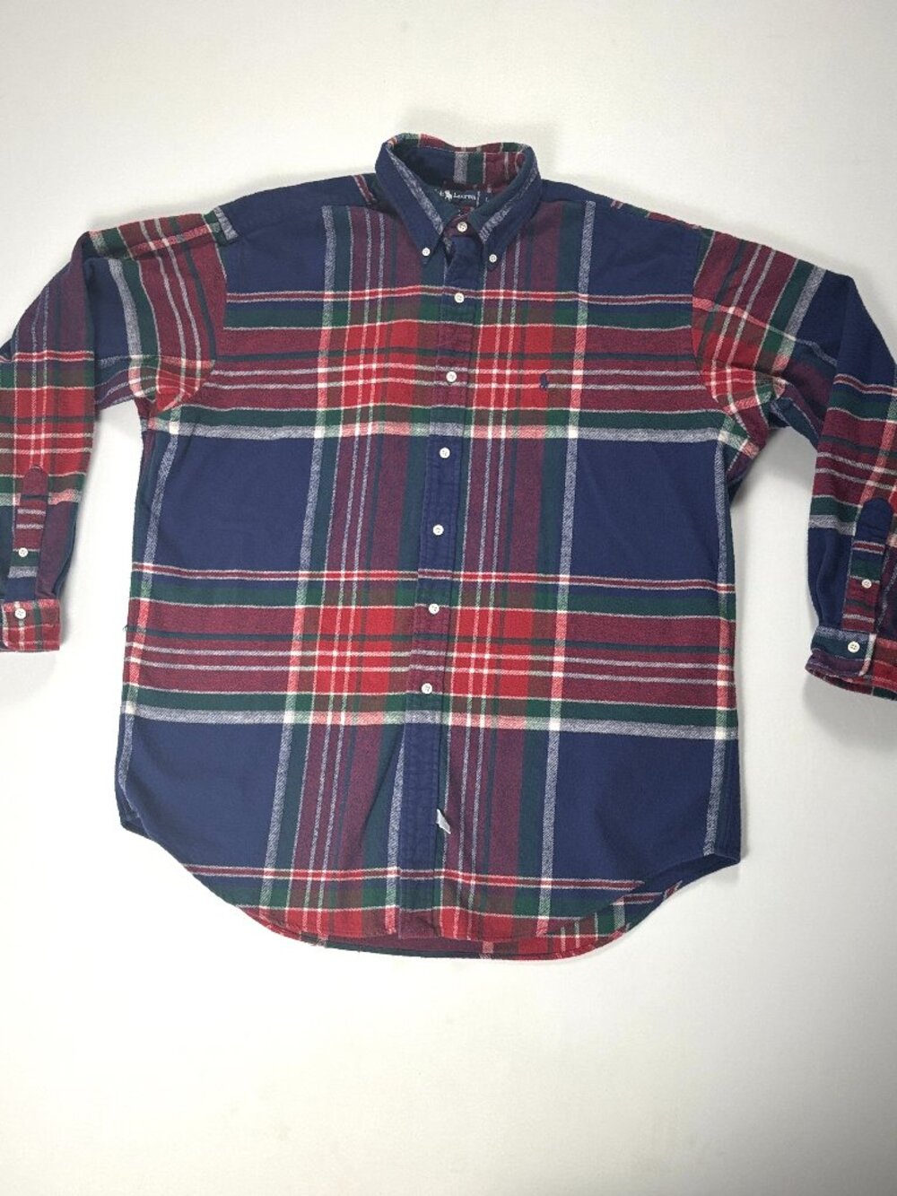 Vintage Polo Ralph Lauren Mens Flannel Plaid Shirt Red Blue Sz L Cotton